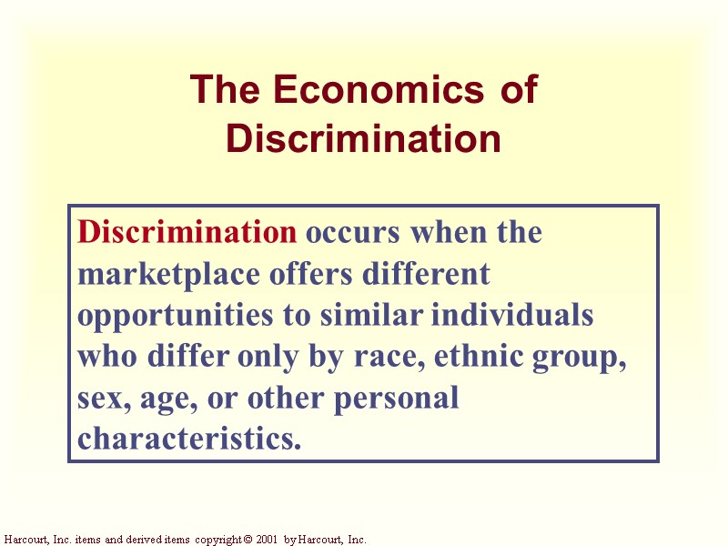 The Economics of Discrimination Discrimination occurs when the marketplace offers different opportunities to similar
